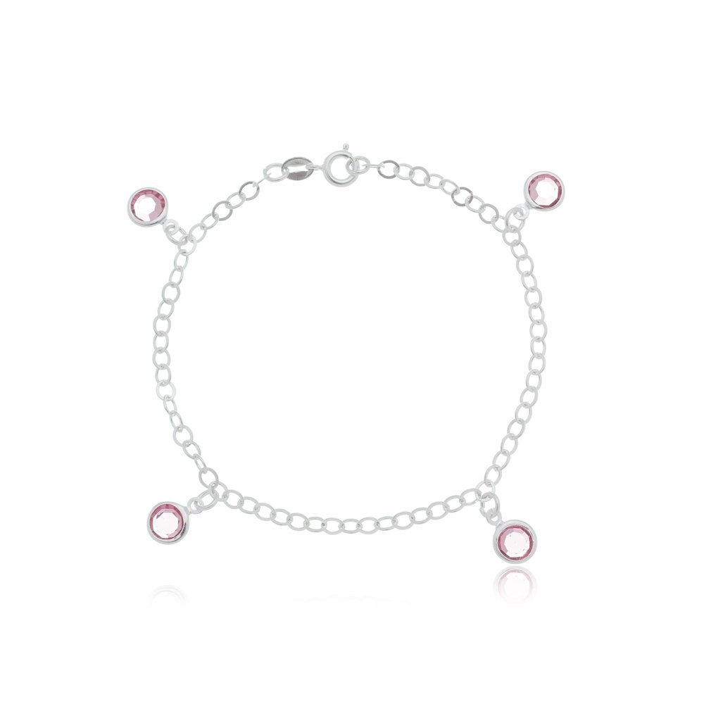 Pulseira Infantil 4 Pingentes Zircônia Rosa 1,4gr
